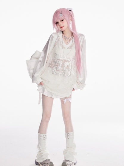 Sweatshirt Weiß V-Ausschnitt Kontrast Spitze Patches Nummer Applikation Sommer