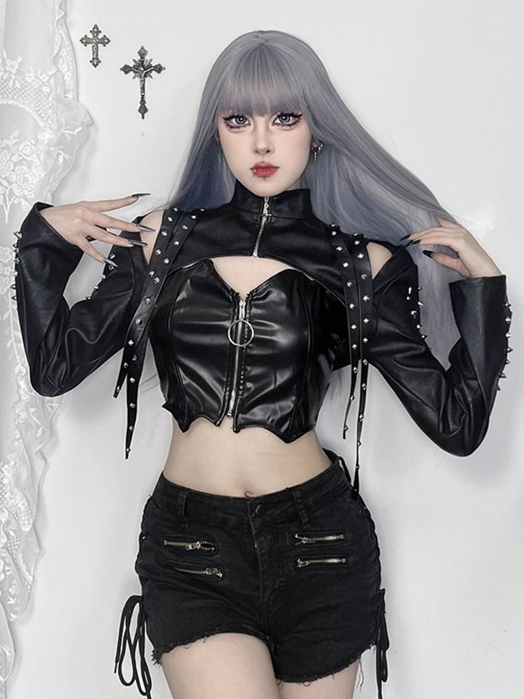 with Punk Halloween Crop Jacket PU Sleeves Shoulder Black Cutouts Studded