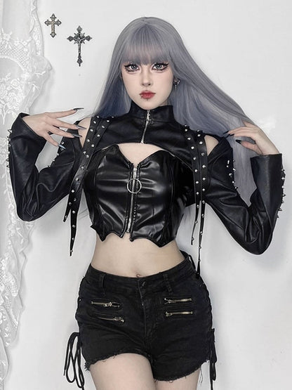 with Punk Halloween Crop Jacket PU Sleeves Shoulder Black Cutouts Studded
