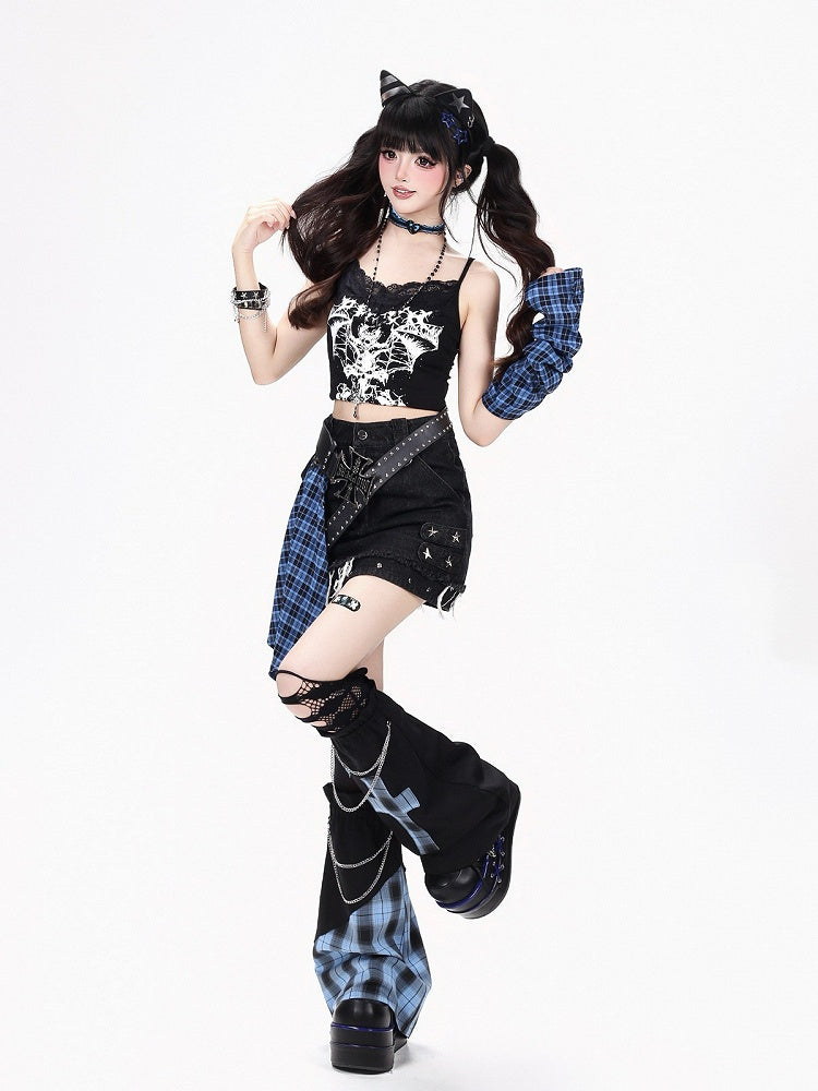 Black Blue Denim Skirt with Bandana Decoration - CRAZY GIRL