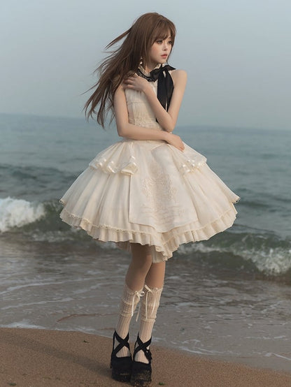 Lolita Neckholder Cremefarbene Detailstickerei Klassisches, zartes rückenfreies Kleid