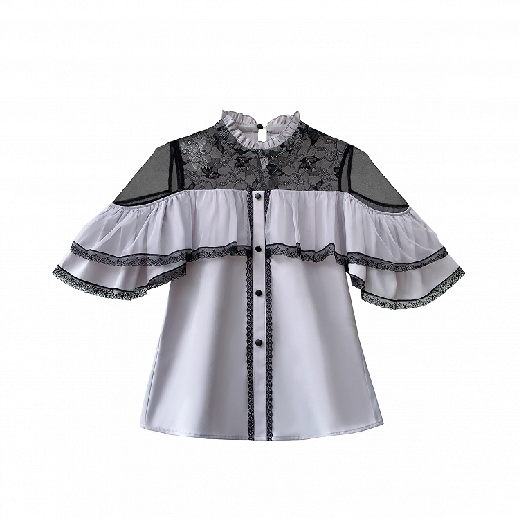 with Contrast Trim Jirai Kei Black Illusion Neckline and Purple Lace Cape Design Top