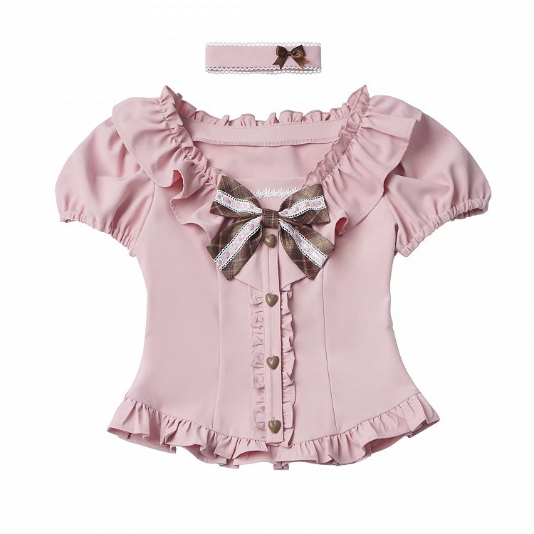 Sweet Kawaii Pink Puff Sleeve Waist-Cinching Blouse with Ruffles, Bow, and Choker Set - PINK SAVIOR