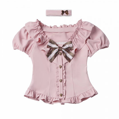 Sweet Kawaii Pink Puff Sleeve Waist-Cinching Blouse with Ruffles, Bow, and Choker Set - PINK SAVIOR