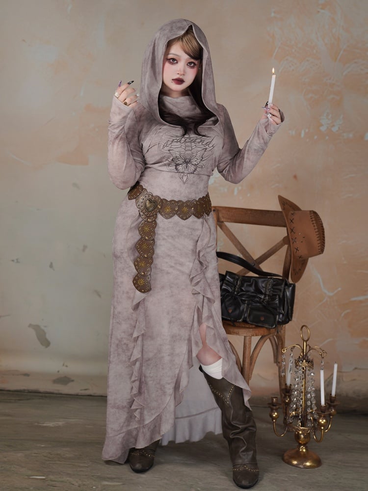 Graues Ödland-Punk-Kleid mit Schmetterlingsskelett in Übergröße