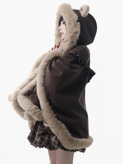 Pompon with Brown - Bear Plush Hooded Ear Accents Cape Hood Ruffle Trim Edging