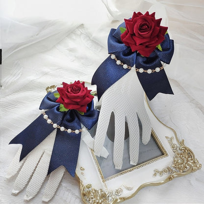 Details Lace WhiteBlue Bowknot Charm Design Vibes Rosette White Beaded Gloves Snow