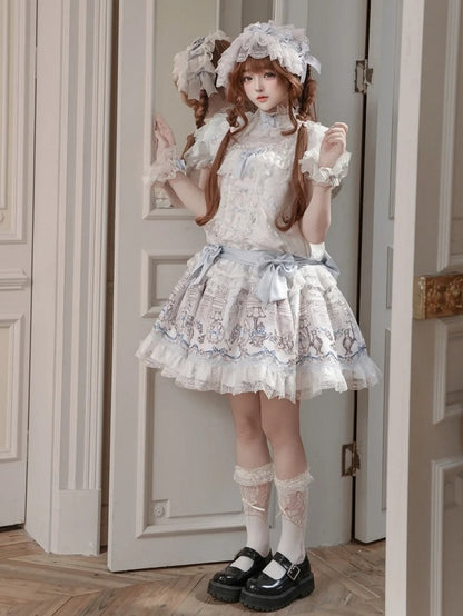 White & Blue Low Waist Antique Print Lolita Dress with Bows - Meng Fu Zi