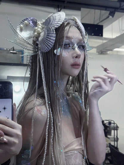 ゴスデザインのマーメイドシェルとセットのシービーズチェーンの妖​​精のヘッドピース