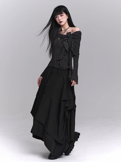 ブラックフロントボタンプラケットアシンメトリーヘムスカート