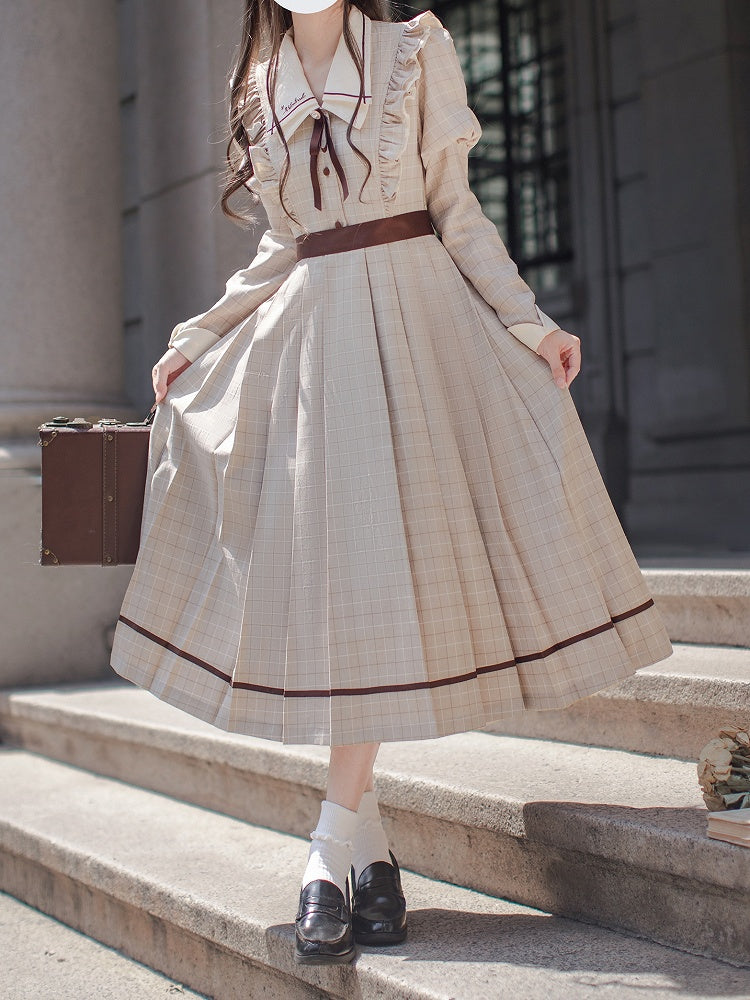 Plaid Pleated Juliette Sleeves Preppy Dress: Skirt with Coffee Light Style