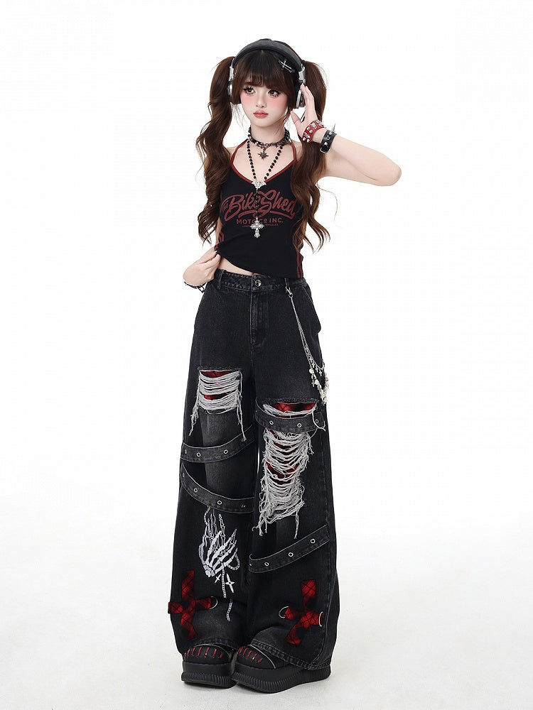 Vintage Weites Bein Grau/Rot Karo Waschung Distressed Faded Punk Holes Jeans