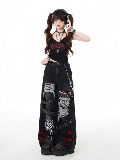 Vintage Weites Bein Grau/Rot Karo Waschung Distressed Faded Punk Holes Jeans