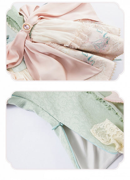 Green Jacquard Boned Bodice Pink Carousel Pattern Skirt Lolita Dress with Big Bow Train