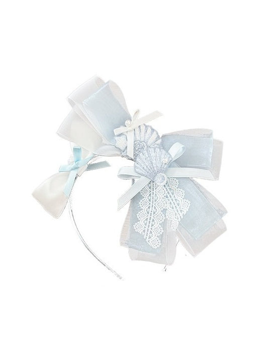 White & Blue Bow Shell Embroidered KC Headpiece - Yimu Walnut
