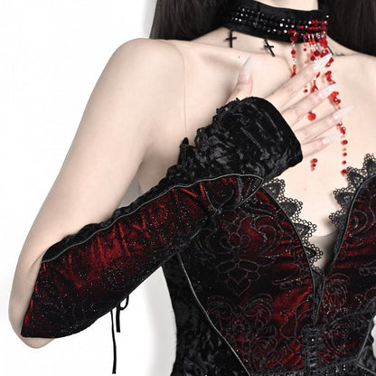 and Lace-up Black Red Sleeves Goth Adjuatable
