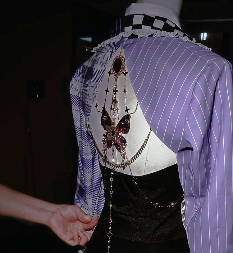 ウエストコートトップス - ブレザー クロップド丈王子セット 半分チェック柄 半分ストライプ パープルロリータ 半分黒 + 半分白 バックレス柄