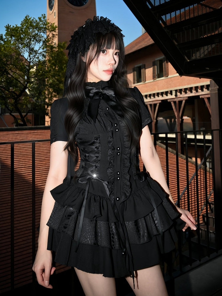 Gothic Layered Ruffle Lolita Dress in Black with Stand Collar & Cinched Waist, Short Sleeve - muggle studio