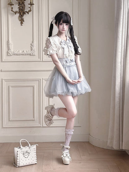 Blue Bubble Skirt with Detachable Rhinestone Bow - Ekomi