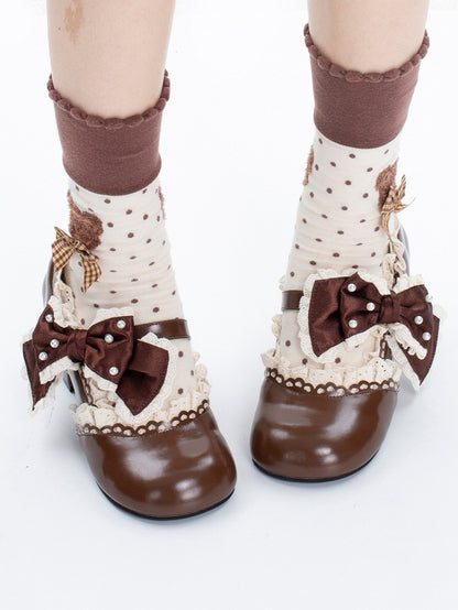Brown Beaded Lolita Leather in Bow Trim Mid-heel Janes Heart Lace with Beads Mary Buckle Decorated PU