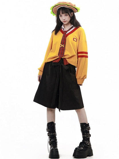 Wide-Leg Black Shorts with Red Striped Waistband - PINK SAVIOR