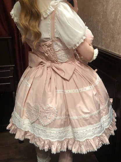 Rock Sweetheart Weiß Lolita Jumper Old Dress School Applikation Baumwolle Rosa und