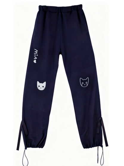 Drawstring and Cat Blue with Navy Pattern Bow Accents Sweatpants Waist