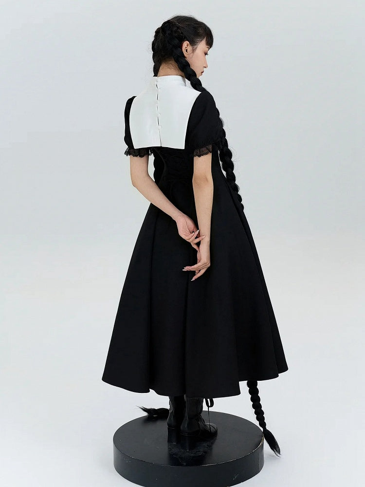 with Lolita Short Cross Nun Lace Sleeves Embroidery Black Trimmed Dress