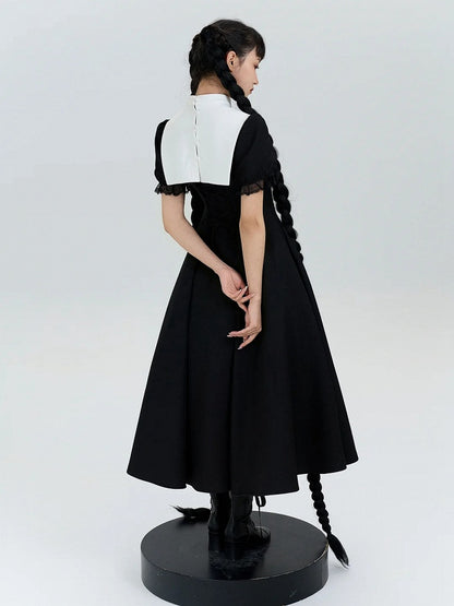 with Lolita Short Cross Nun Lace Sleeves Embroidery Black Trimmed Dress