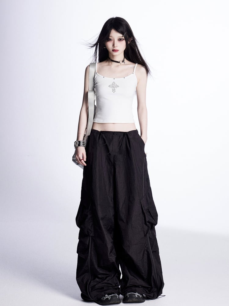 Weite Cargohose mit Kordelzug an den Bündchen Vintage Schwarz Niedrig