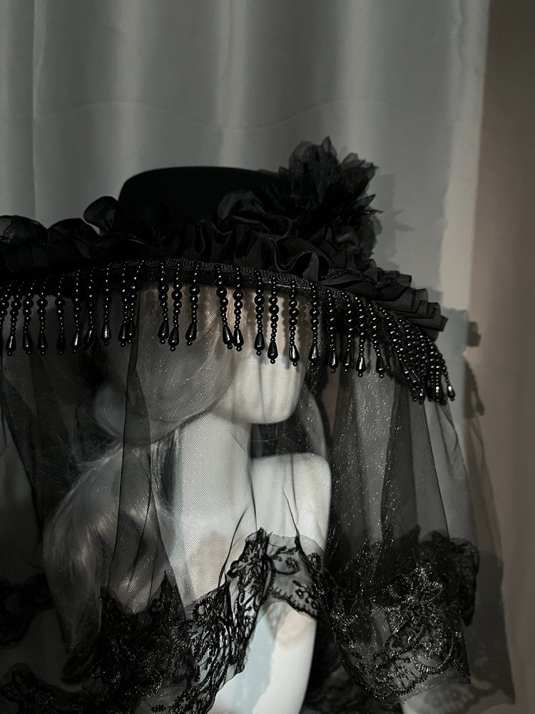 Gothic Beaded Tassel Hat with Lace Trim - Custom Made Earrings
