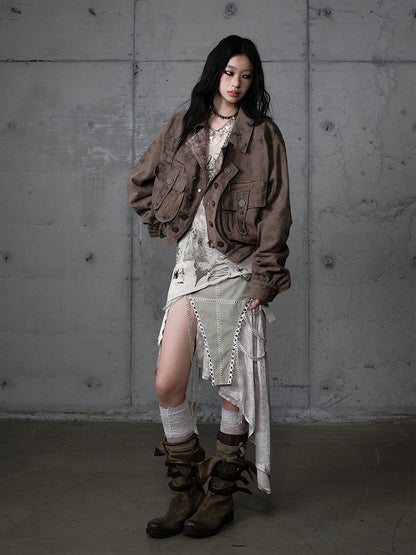 Coffee Pockets Detachable Studded Punk 3D Suede Collar Jacket Fur with Zipped Faux