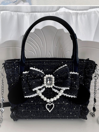 Embellishment Bunny Bow - Beaded Plush Elegant Black with Detachable Rhinestone Chain Decor Lolita Ruffled-Edge Bag Ear