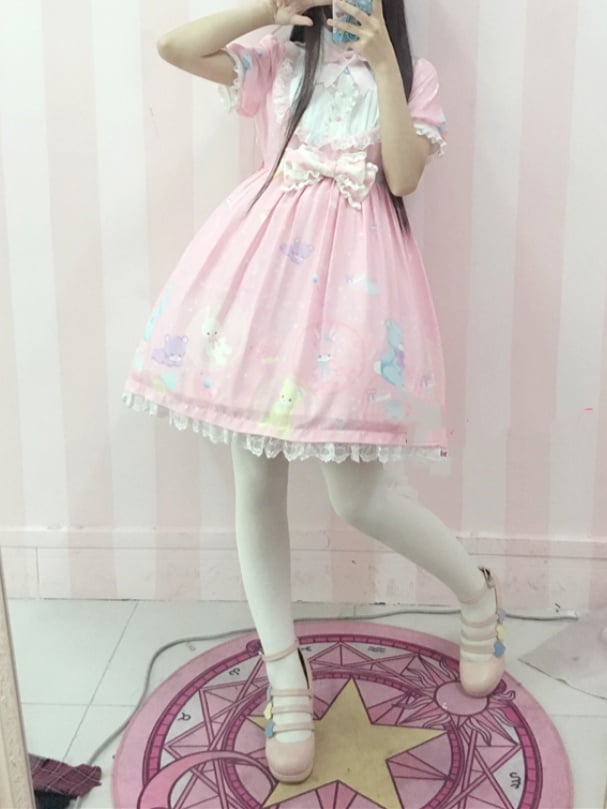Bubble Zoo Lolita Dress One Piece Pink Sweet Details Chiffon Bowknot