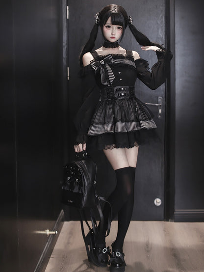 High-Waist / Kei Black Skirt Sweet Jirai Dark Striped Tiered Top Off-Shoulder