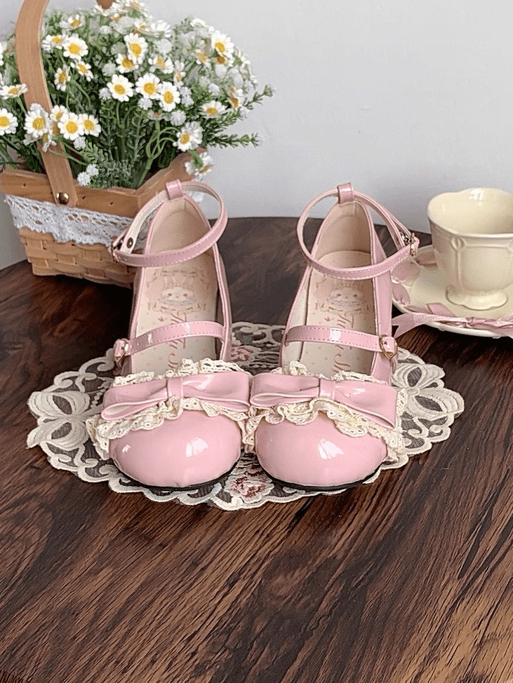 Mary Lolita Lace Leather with Heel Detail Mid - Jane PU Shoes Pink