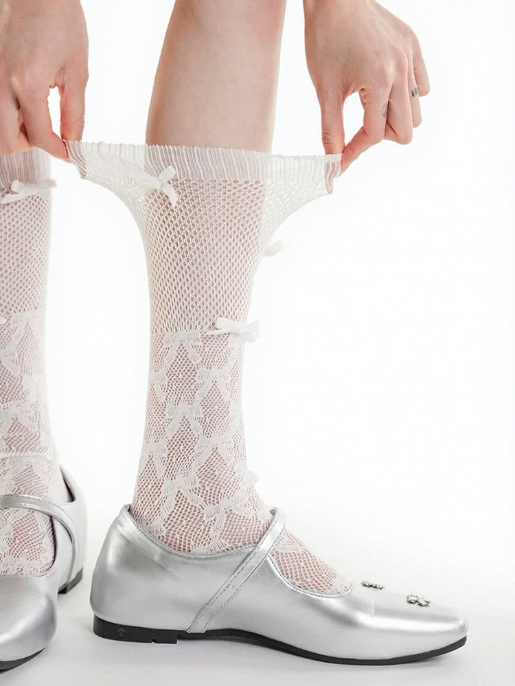 4-Color Ribbed Mesh Calf Socks with Bow Decoration - ModaSwings
