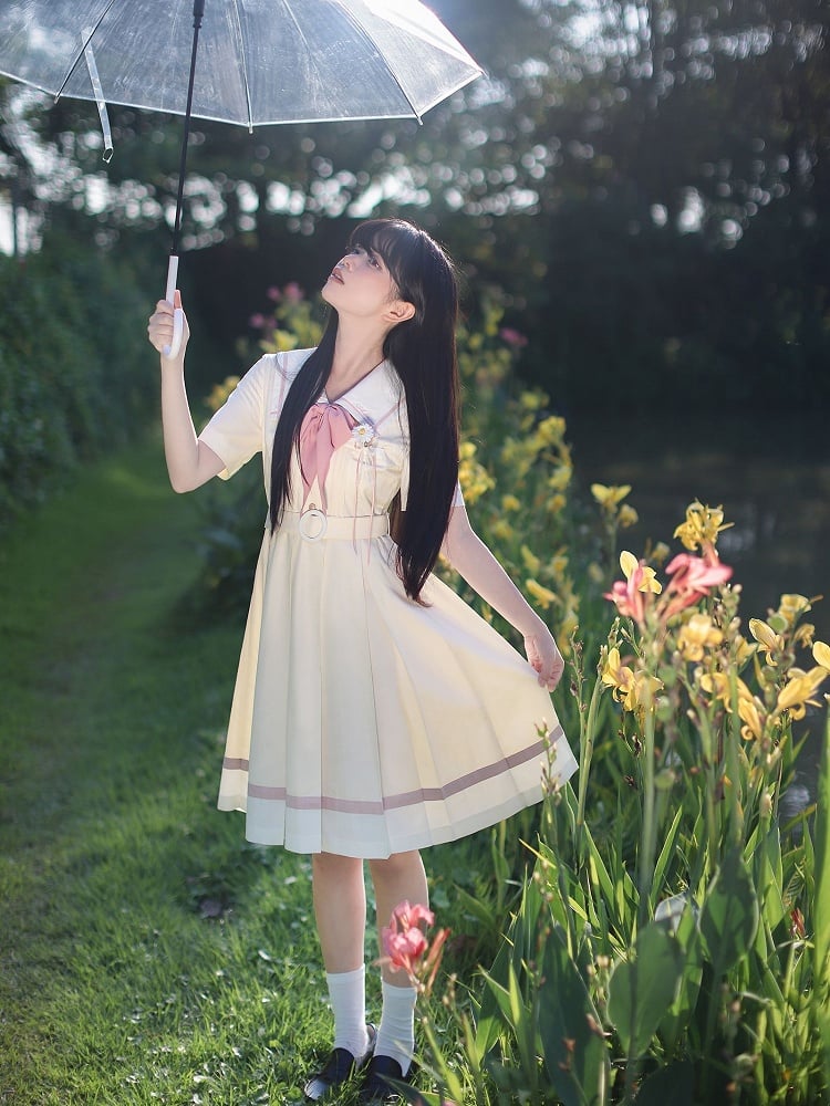 mit Faltenkasten Matrosengelb Milch Taille Kleid Rock Kragen Gürtel