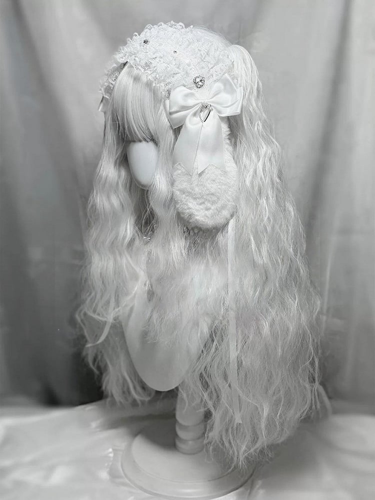 White Full Bangs 60cm Long Wavy Wig with Double Ponytails - Universe Opening