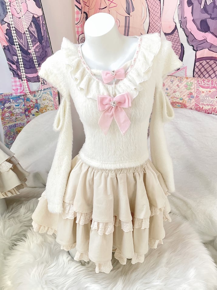 Weißer Pullover mit Rüschenausschnitt, Cut-Out-Ärmeln, Stufenrock und rosa Schleifen-Set