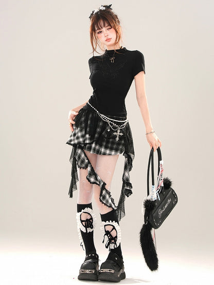 ブラック/ホワイト バタフライ モックネック Tシャツ 背中にレースパッチワーク