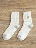 Kawaii Bear-Embroidered Striped Calf Socks