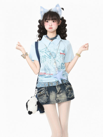 Blue Turn-Down Collar Tee with Anime Graphic - Languid Park
