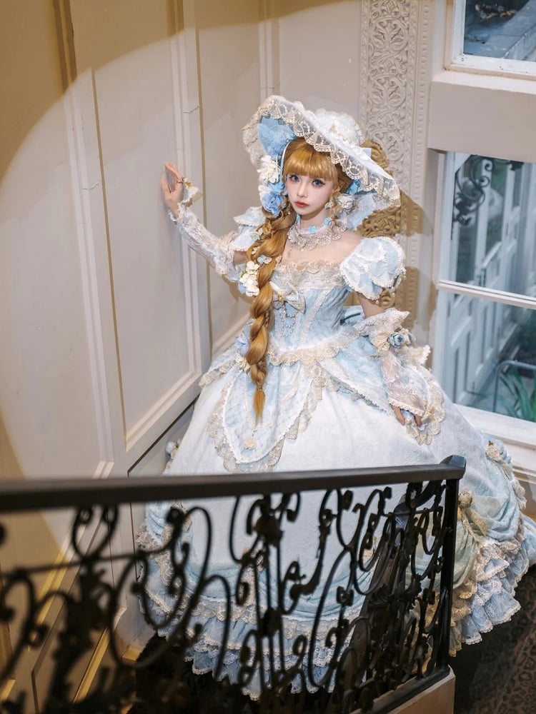 Light Blue Off-Shoulder Hime Lolita Gown - Layered Lace Princess Dress