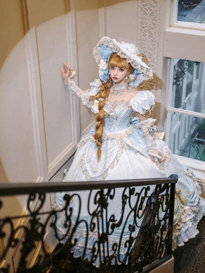 Light Blue Off-Shoulder Hime Lolita Gown - Layered Lace Princess Dress