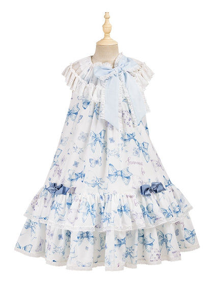 Blue Big Bowknot on Neckline Bows Double Layered Lolita Dress