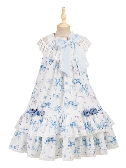 Blue Big Bowknot on Neckline Bows Double Layered Lolita Dress