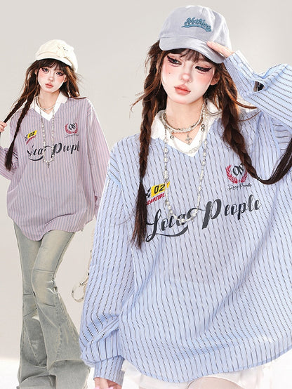 Blau/Rosa Buchstaben V-Ausschnitt Gestreiftes Lockeres Top