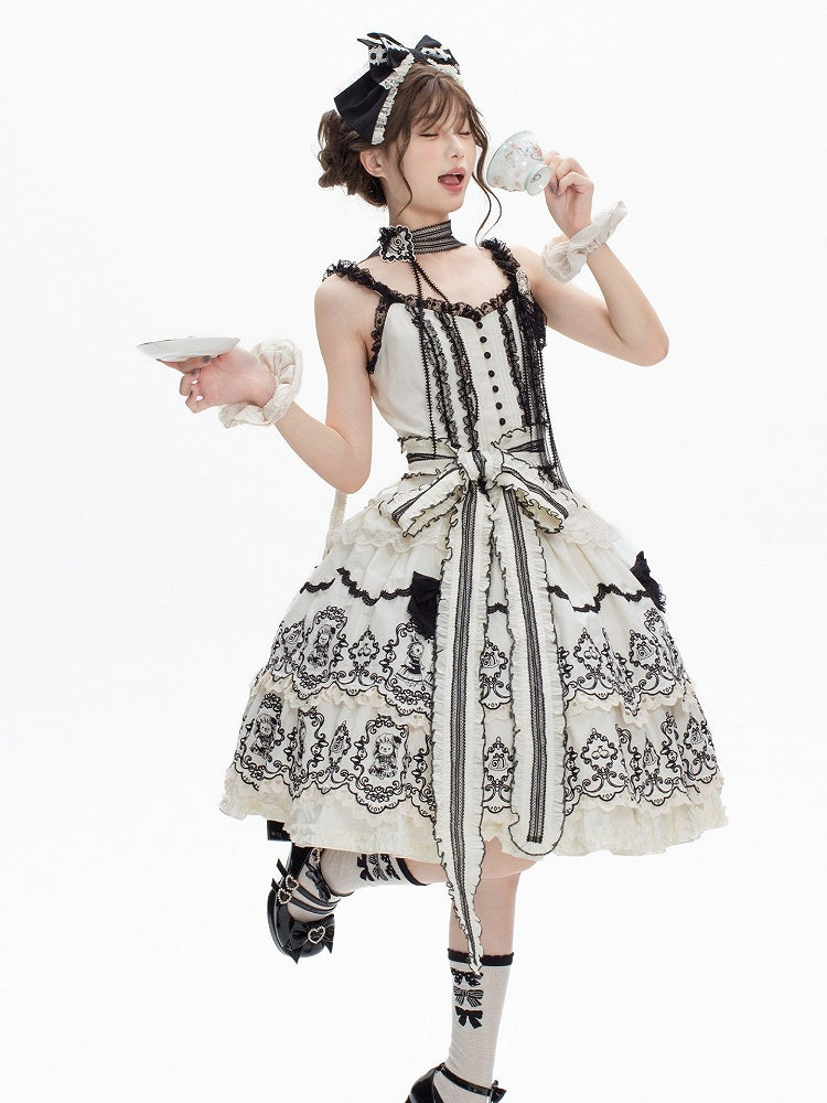 White Layered with Scalloped Black Set Rabbit Trim Skirt Top Pattern Camisole + Lolita Edge Elegant