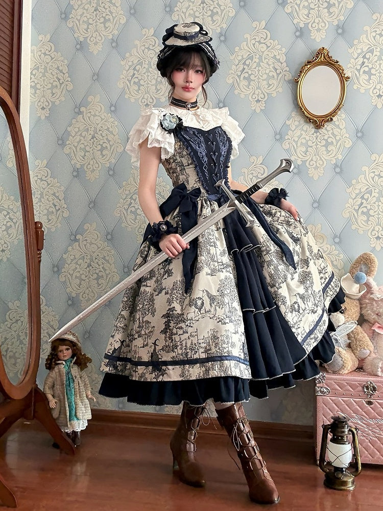 Bodice Forest Elegant Dress and Dark Corset Animals Lolita with Print Blue